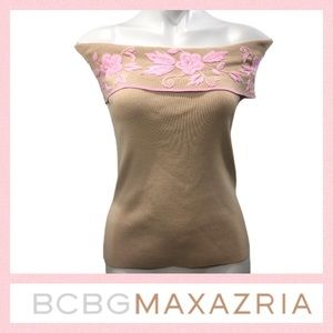 BCBGMAxAzria Knit Embroidered Off Shoulder Top